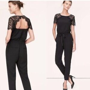 NWOT Ann Taylor LOFT Black Jumpsuit Drawstring Waist Lace Embroidered